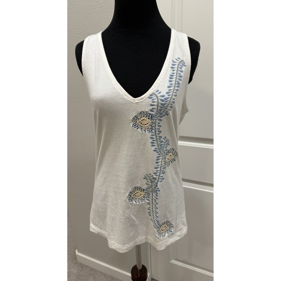 Da-Nang Tops - DA-NANG Surplus White Beaded Embroidered Tank Top Women Size Large Vtg